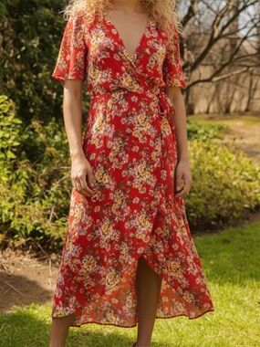 TOMATO RED - XL - FLORAL WRAP DRESS 🌻 Red Dress